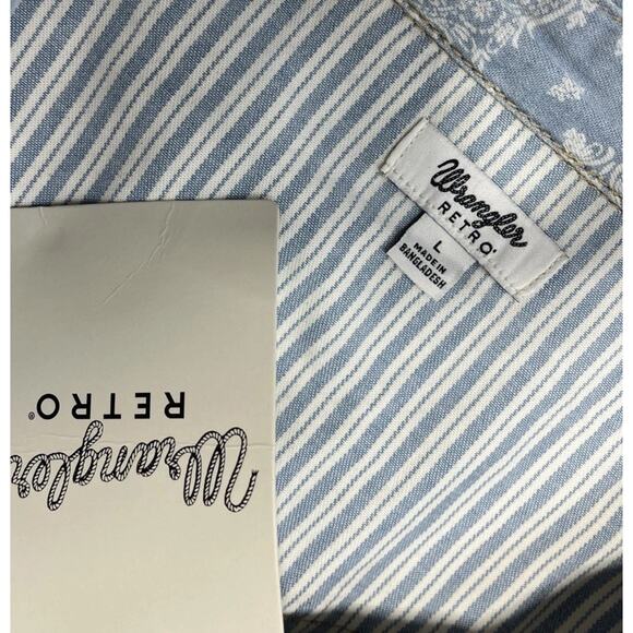 NWT Wrangler Retro Long Sleeve Striped Western Pearl Snap blue Mens L - Picture 7 of 9